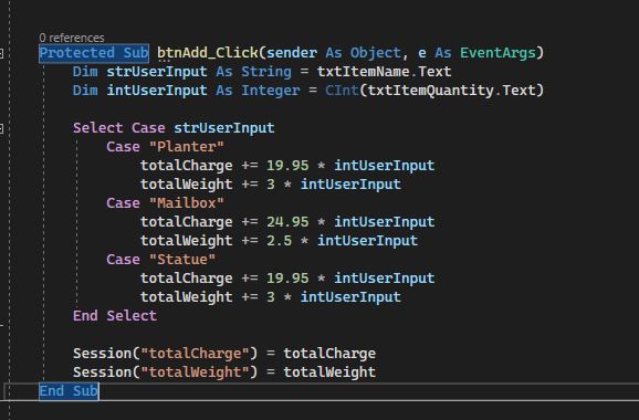 This code snippet allows you to see a switch case statement that takes in user input and determines value of order.