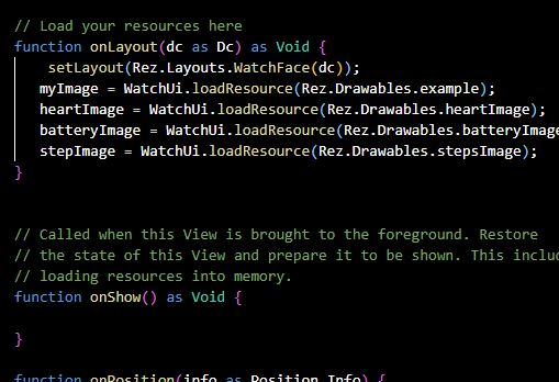 The code I just provided shows you how to load resources such as images onto the layout using Monkey C which is a very scarce language.